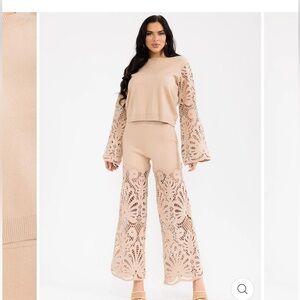 B7. Crochet 2 pc set LONG BELL SLEEVE PULLOVER SWEATER & ELASTIC WAIST PANTS